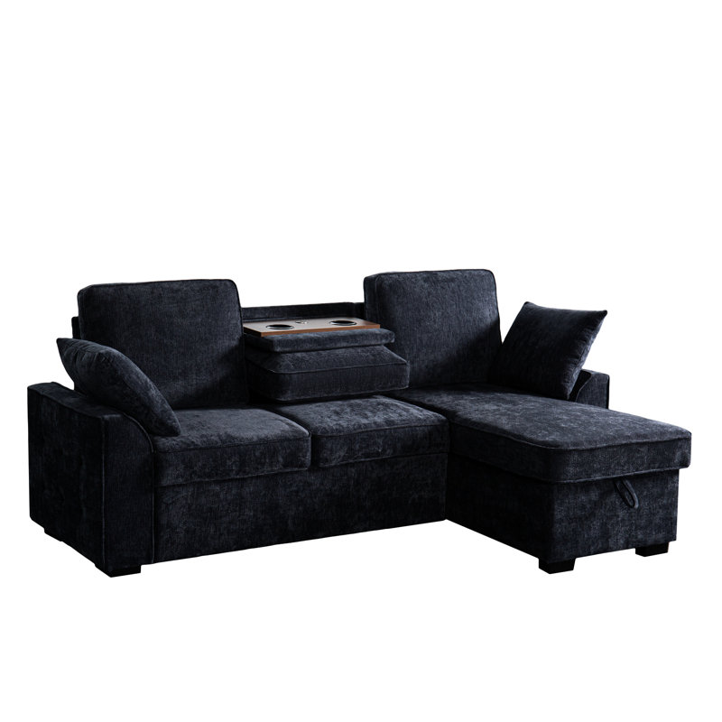 Canapé modulaire en chenille gris foncé à 3 places avec rangement convertible, plateau amovible et dossiers réglables pour un ensemble de porte-gobelets modulables