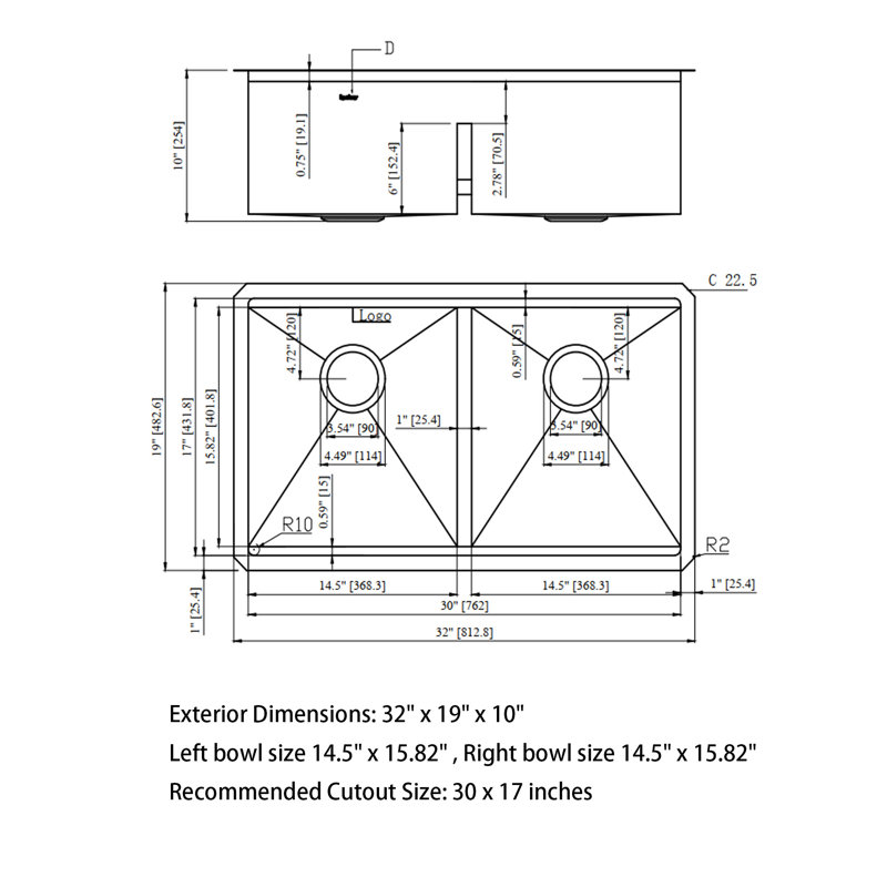 Undermount Sink- 32" X 19" X 10" Double Bowl  Kitchen Sink  16 Gauge With Two 10" Deep Basin