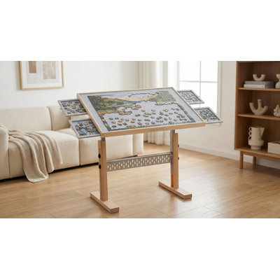 Ergonomic Adjustable Puzzle Table for 1500 Pieces with 4 Drawers, Solid Beech Wood Jigsaw Puzzle Board