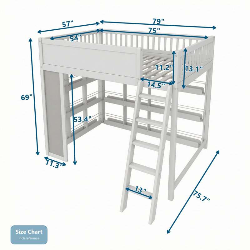 Lit mezzanine en bois avec éclairage DEL, panneau de tableau noir et tablettes, Lit double, Blanc