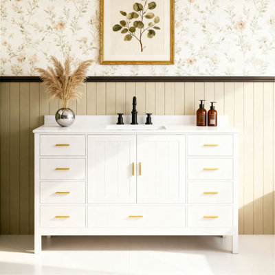 Meuble-lavabo moderne en bois massif de 60 po avec lavabo, comptoir en quartz de Carrare de 61 po avec 3 trous pré-percés pour robinetterie, 2 portes doubles à fermeture douce, 7 tiroirs et 2 petits compartiments de rangement rabattables.