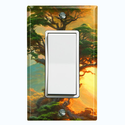 Green Fantasy Sun Tree Paint Print 1 - Gang Toggle Light Switch Standard Wall Plate