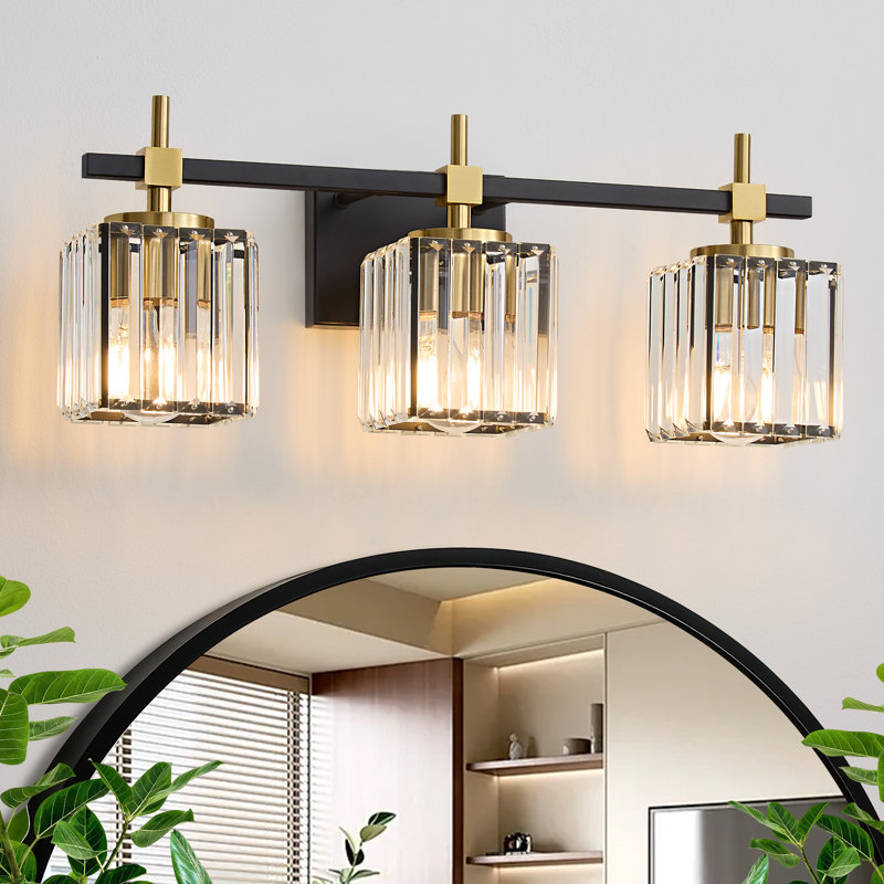 3 - Light Black Gold Modern Elegant Luxury Dimmable Bathroom Vanity Light With Square Crystal Shade, Black/Gold