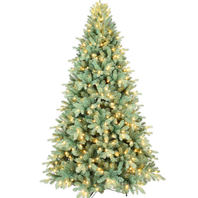 Arbre de Noël bleu de 7 pi avec 500 lumières à DEL blanc chaud pré-enfilées, aspect naturel, branches articulées pour une installation rapide à l'ombre, 1845 pointes réalistes, conception facile à assembler