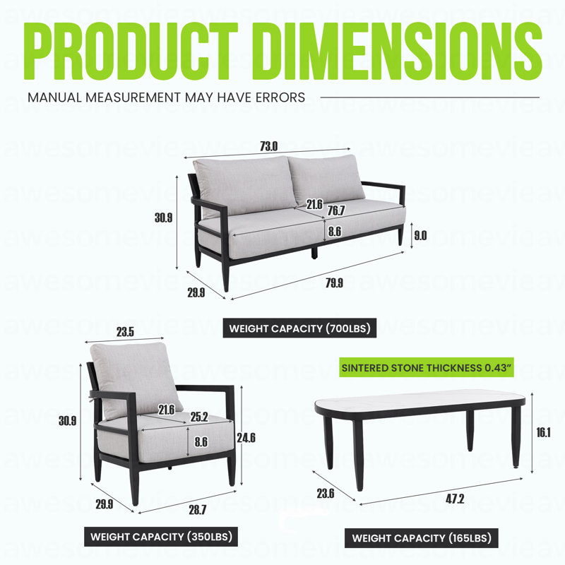 Ensemble de conversation extérieur 4 pièces avec fauteuils club modernes, canapé luxueux avec banc, table basse en pierre frittée d'inspiration marbre, structure en aluminium noir antirouille Ember et coussins Sunbrella