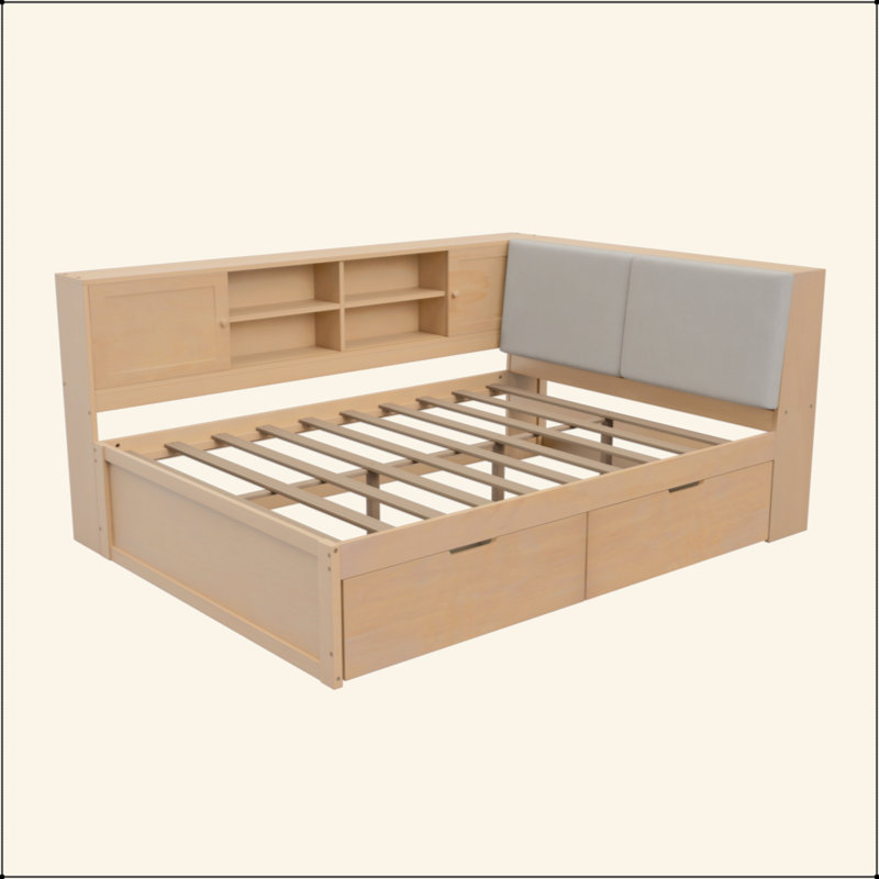 Lit de coin en L en bois avec tiroirs sous le lit avec bibliothèque de rangement et tête de lit tapissier et ports de chargement USB pour un espace limité