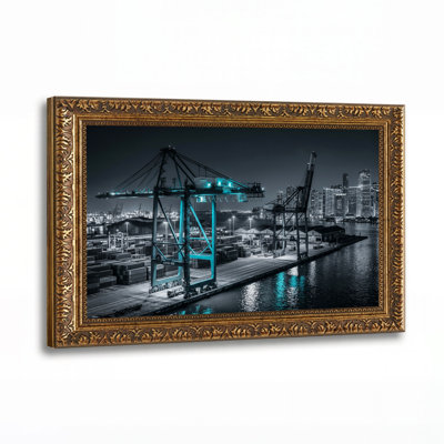 Grues industrielles avec lumières cyan la nuit, tableau sur toile