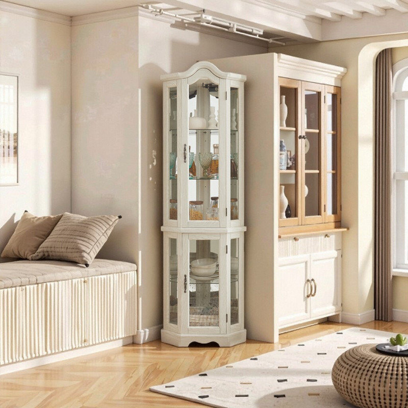 Corner Display Cabinet with Adjustable Glass Shelves, Vintage Finish Curio with Push-Open Doors, White
