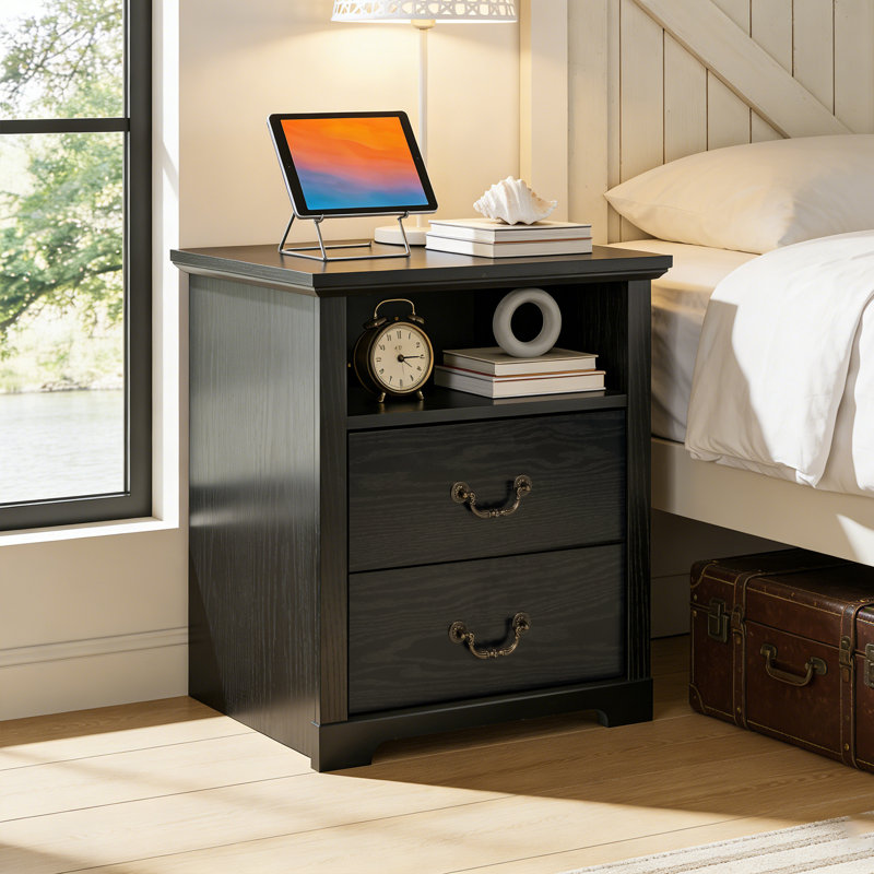 Rutland en bois rustique de 21,8 po avec 2 tiroirs de rangement, table de chevet avec tablette ouverte pour la chambre à coucher