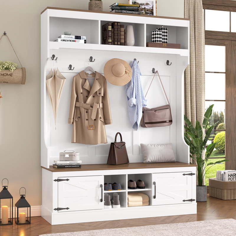 Hall Tree With Bench, Shoe Storage Cabinet & Coat Hooks, Wood, Modern Farmhouse, Entryway, White