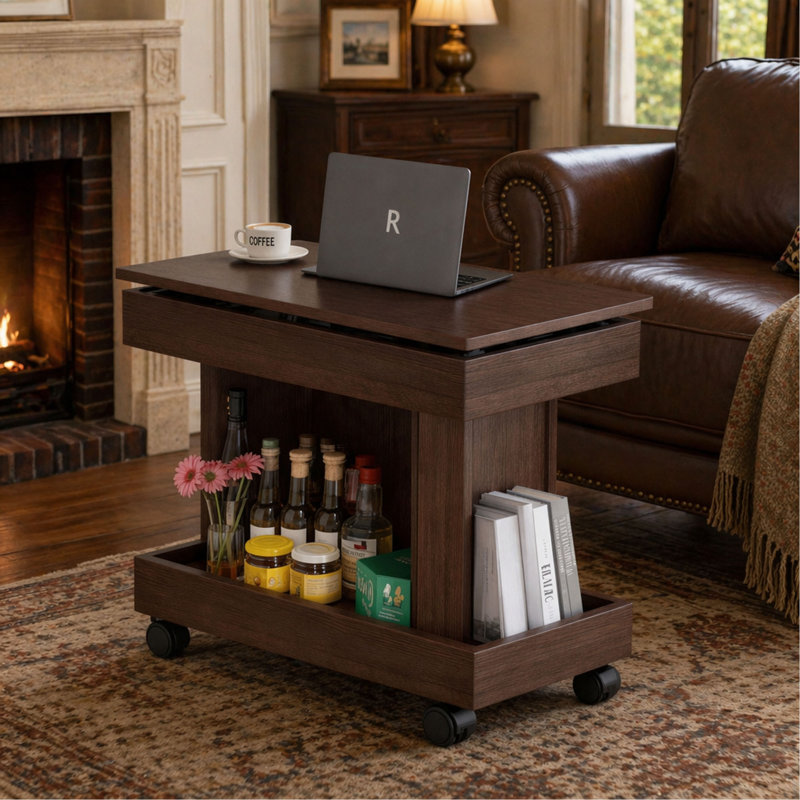 Petite table basse avec roulettes, table d'appoint multifonctionnelle rotative à 360 °, table de bout roulante avec compartiment de rangement, table de chevet mobile pour le salon, la chambre et le mobilier de maison