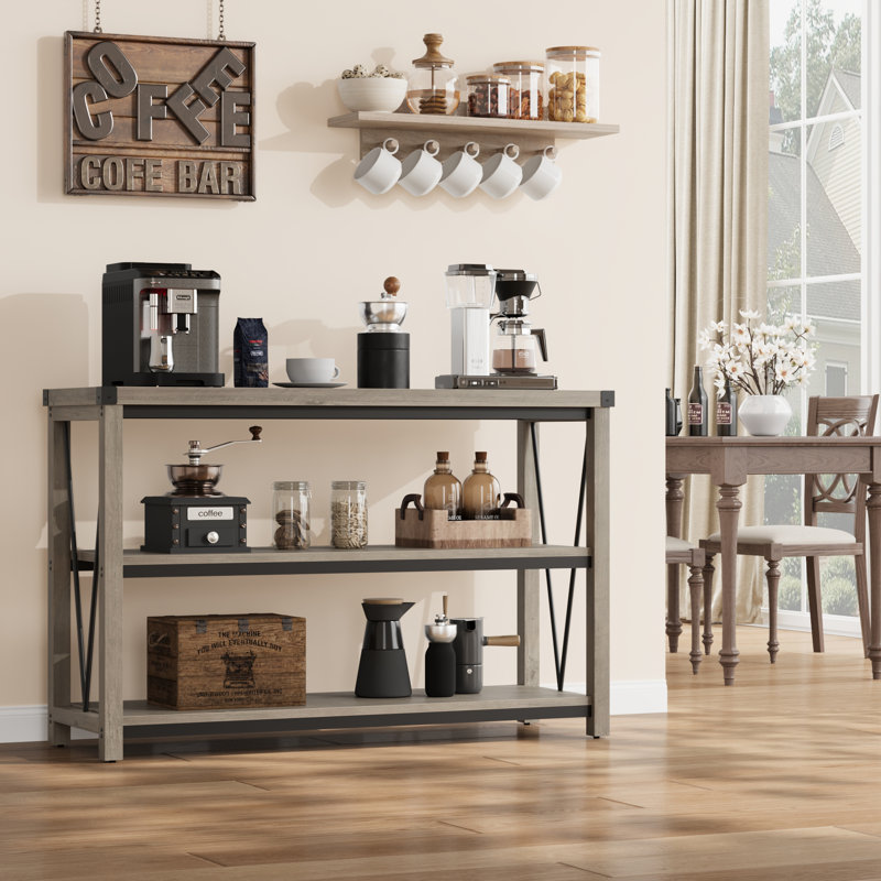 Table d'entrée avec rangement en gris - Console de 47,2 pouces avec tablettes à 3 niveaux pour le salon, le couloir ou l'entrée