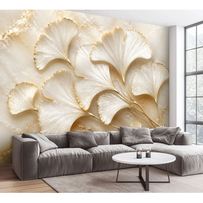 Wall Mural Peel and Stick Wallpaper Elegant White Ginkgo Leaves Marble Gold Accents Self-Adhesive Removable Contact Paper Wall Decor for Living Room Bedroom 100"H x 144"W