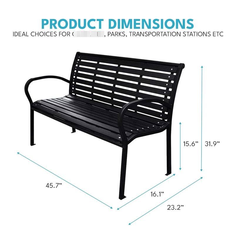 Banc d'extérieur 45,7 po - Acier noir et siège de patio confortable et stable