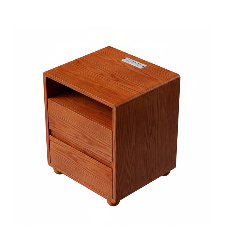 Table de chevet 51 cm (20 po) en bois massif avec 2 tiroirs et tablettes ouvertes, station de recharge intégrée, style moderne du milieu du siècle, couleur noyer, idéale pour la chambre à coucher.