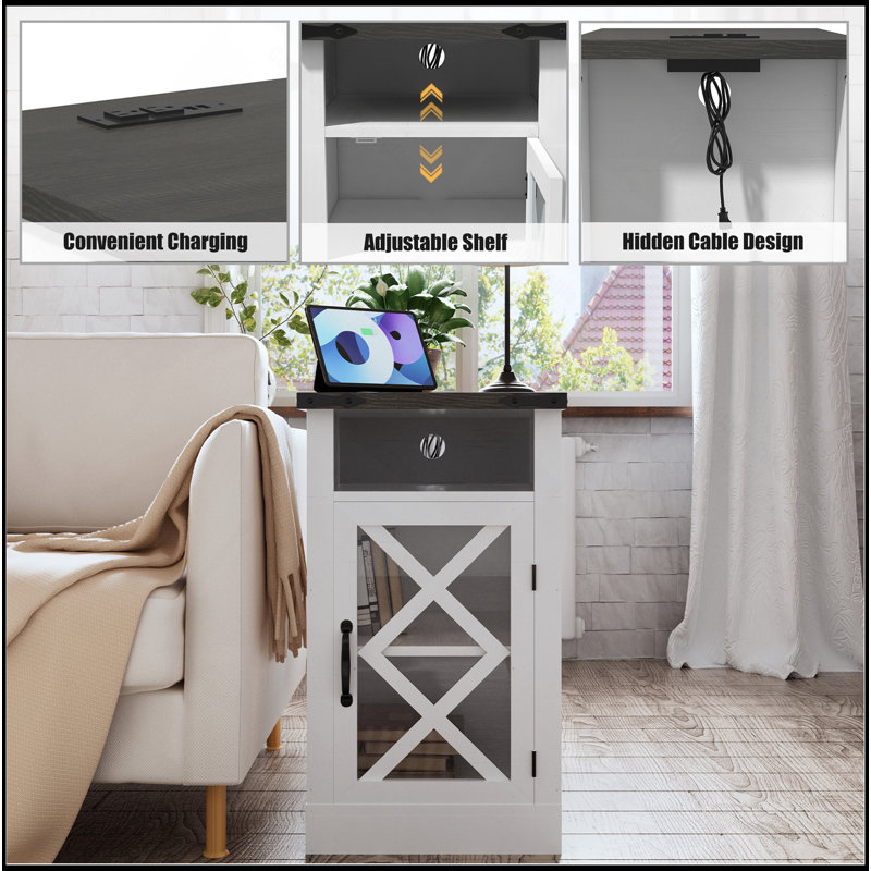Farmhouse End Table With Charging Station, 15.4'' Rustic Nightstand With Barn Door & Adjustable Shelf, Wooden Sofa Side Table With 3-Tier Storage For Living Room, Bedroom, White