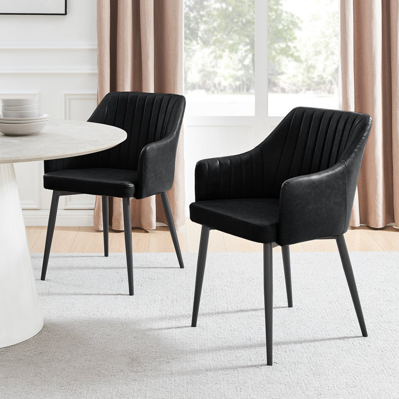 Calley Faux Leather Dining Chairs -Bucket Tub Seat with Tapered Metal Legs and Vertical Stitching, Black
