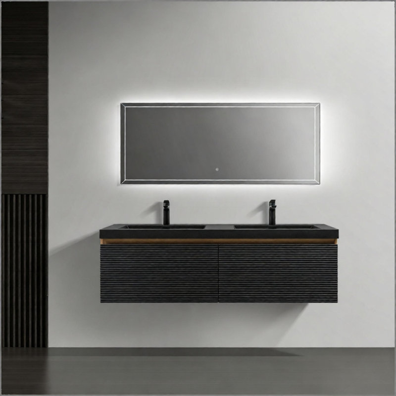 Meuble-lavabo flottant suspendu 30 po avec lavabo en quartz noir mat, rangement dissimulé et meuble-lavabo contemporain