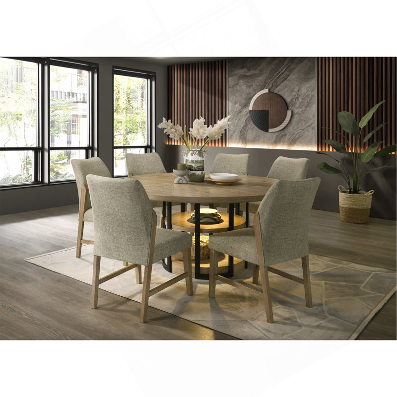 Ensemble de salle à manger rond en chêne rustique 59 "avec lumière DEL 7 pièces Eden, cadre de table en métal noir, tablettes, chaises en lin beige