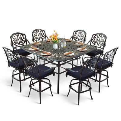 9-piece Outdoor Patio Swivel Bar Set, All Weather Cast Aluminum High Top Patio Bar Furniture With 8 Cushioned Swivel Bar Stools, Large 64" Square Pat by Bloomsbury Market