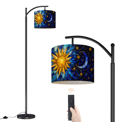  Arc Floor Lamp Sun Crescent Moon Celestial Stained Glass Print Starry Night Sky Tall Modern Standing Lamp LED Adjustable Linen Lampshade 3 Color Temperatures