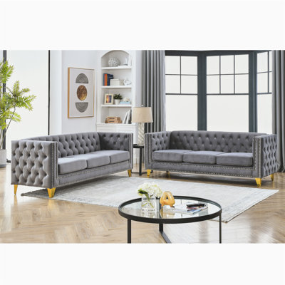 Tommy Tufted Velvet Sofa Set with Square Arms & Metal Legs by Mercer41