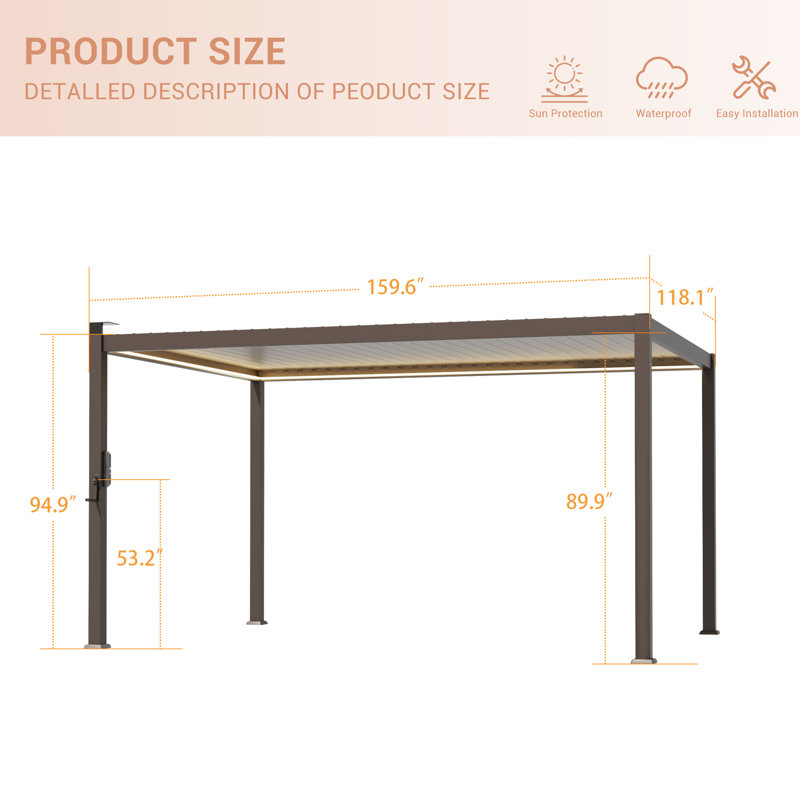 Metal Pergola with Louvered and Solar LED, 10 ft x 13 ft