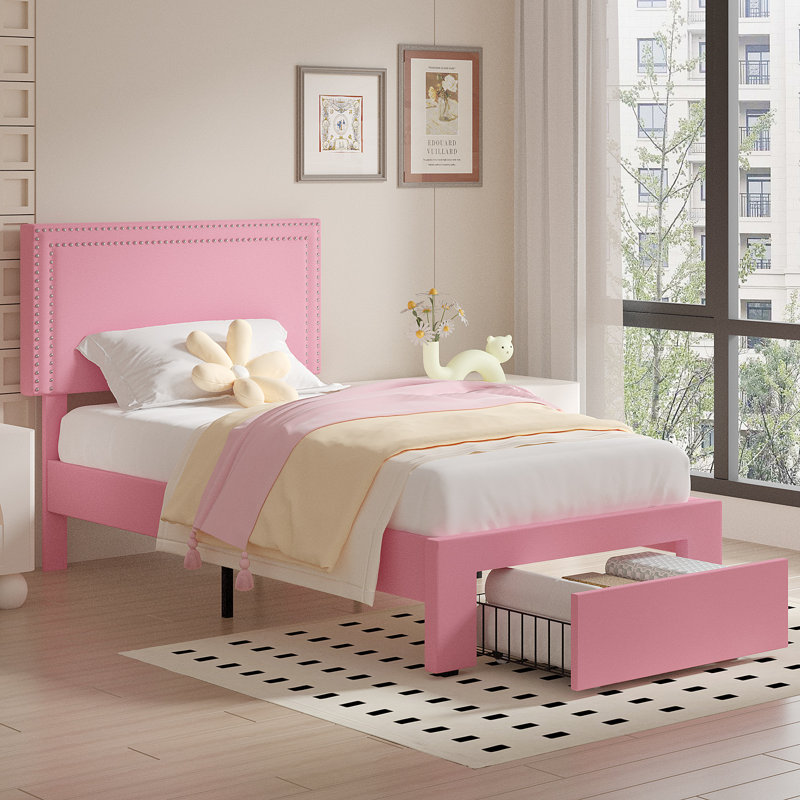 Twin Size Bed with 1 Storage Drawers Upholstered Platform Bed Adjustable with Nailhead Trim Headboard Wooden Slats Support Bed Frame