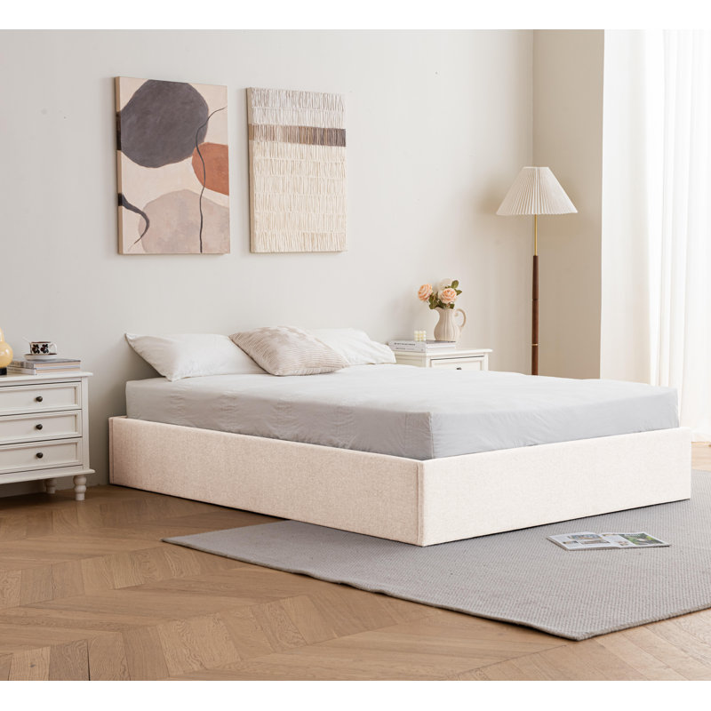 Braud Upholstered Hydraulic Lift Up Storage Bed Without Headboard, Queen, Cream