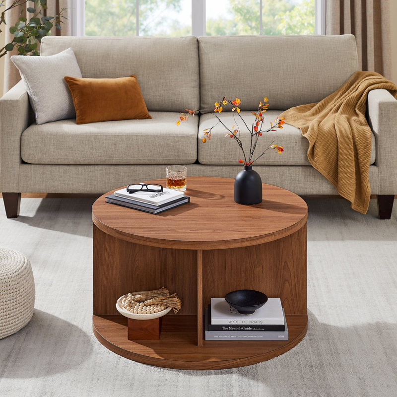 Round Coffee Table with 4 Open Compartments for Storage, Dark Natural Oak