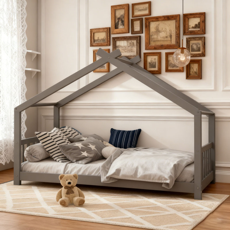 Lit en bois, gris, Double