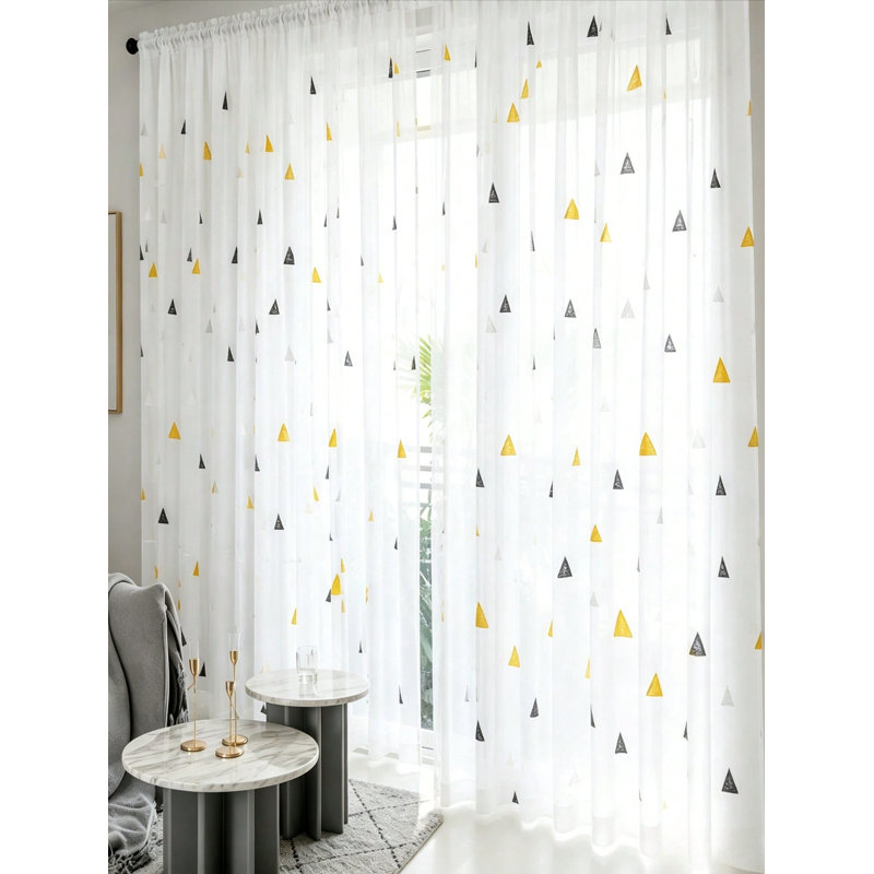 2 Panels Geometric Triangle Embroidered Sheer Curtains, Rod Pocket Light‑Filtering White Voile Drapes, Curtains for Living Room Bedroom Home Decor (52''W * 84''L)