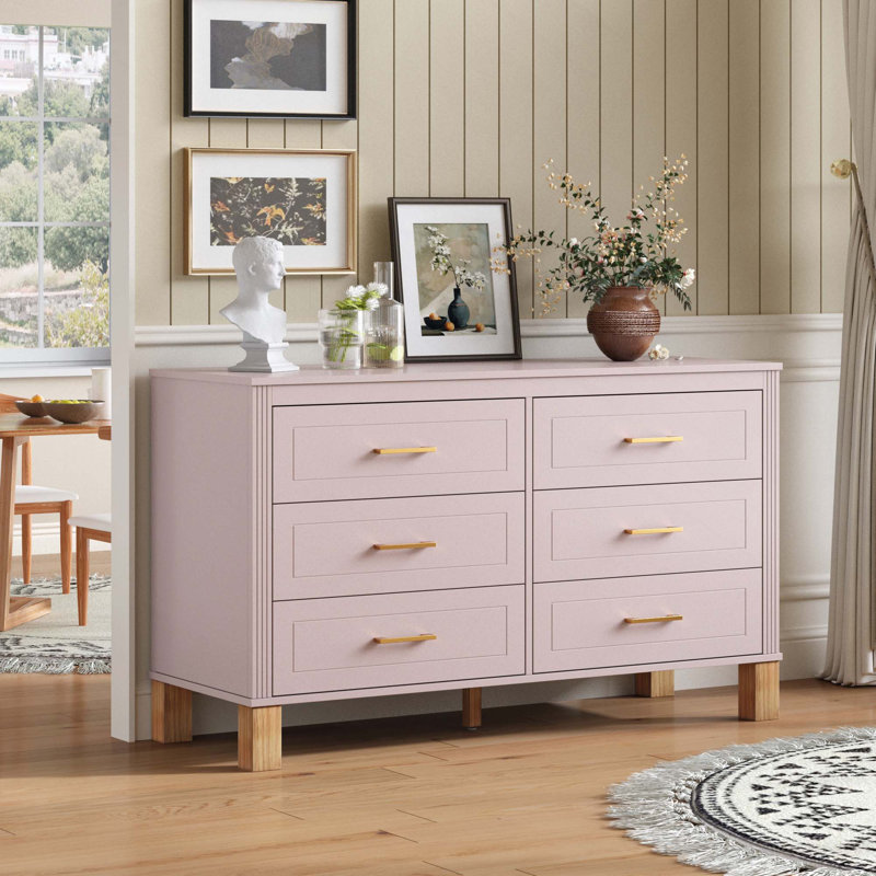 Commode double 6 tiroirs en bois robuste, Pink