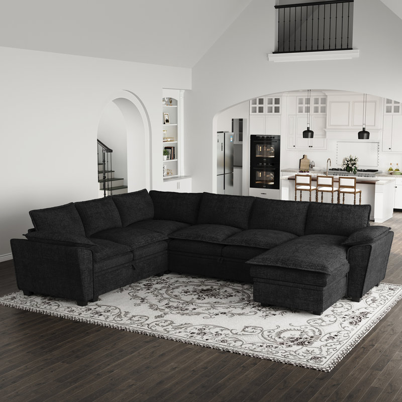 Large Chenille U-Shaped Storage Sectional Sofa King Pull Out Sofa Bed Sleeper Livingroom Bedroom Apartment Modular Couch