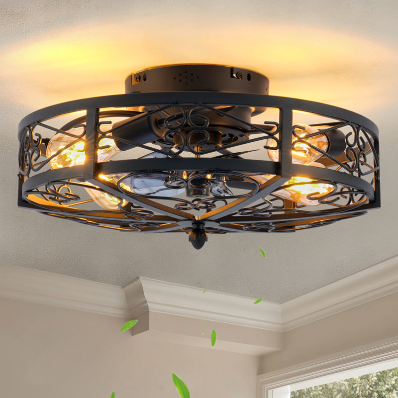 20-Inch Low Profile Caged Ceiling Fan With Light, Matte Black Finish With Clear Acrylic Invisible Blades, Farmhouse Industrial Flush Mount, 6-Speed Reversible Motor, Remote Control, E26 Bulb Base (Bulbs Not Included), For Bedroom Living Room Kitchen