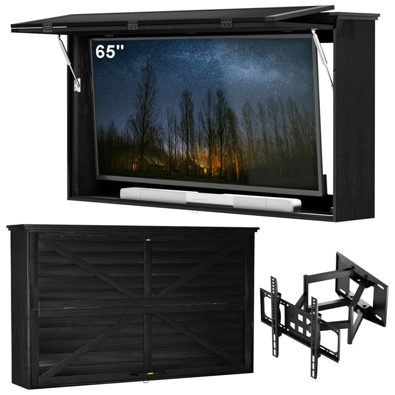 Outdoor TV Enclosure Solid Wood TV Cover 65 Inch Weatherproof with Premium Dual-Arm TV Mount