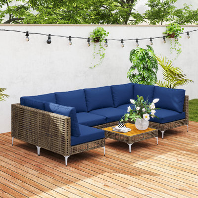 7 Piece Wicker Patio Furniture Set, Modular Outdoor Sectional with Thickened Cushions, Rattan Outdoor Furniture Conversation Set with Slatted Acacia Wood Table for Backyard, Khaki/