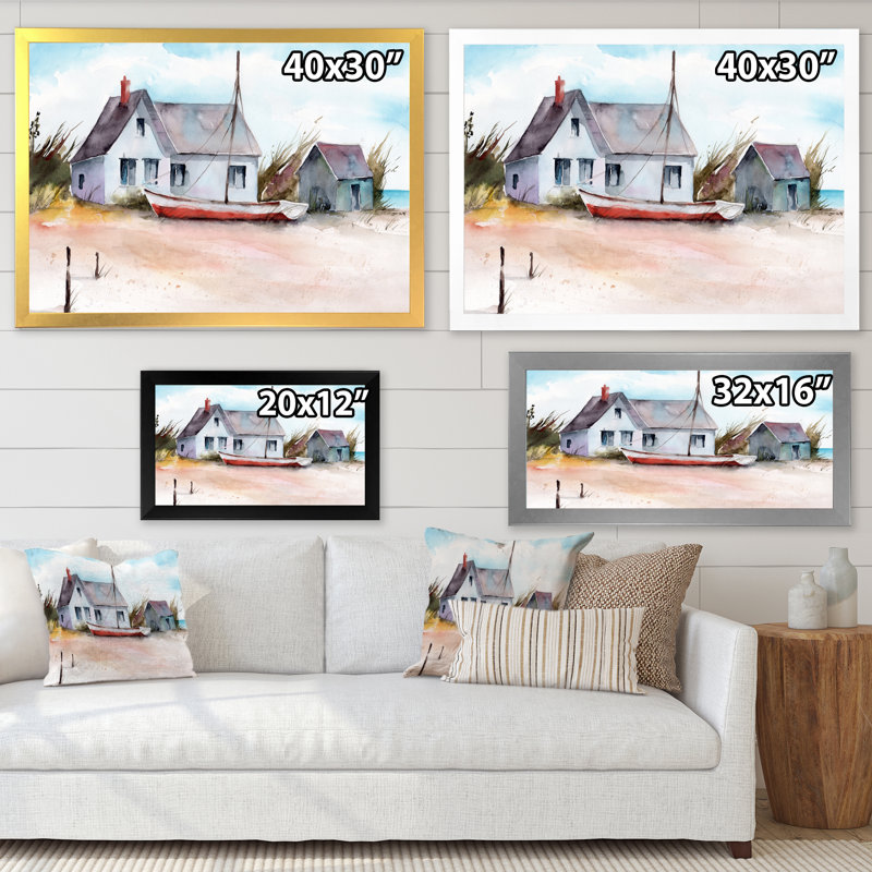 Maison avec petit bateau sur une plage I - Peinture sur toile, H 30 po x l 40 po, Toile à cadre d'angle fermé doré