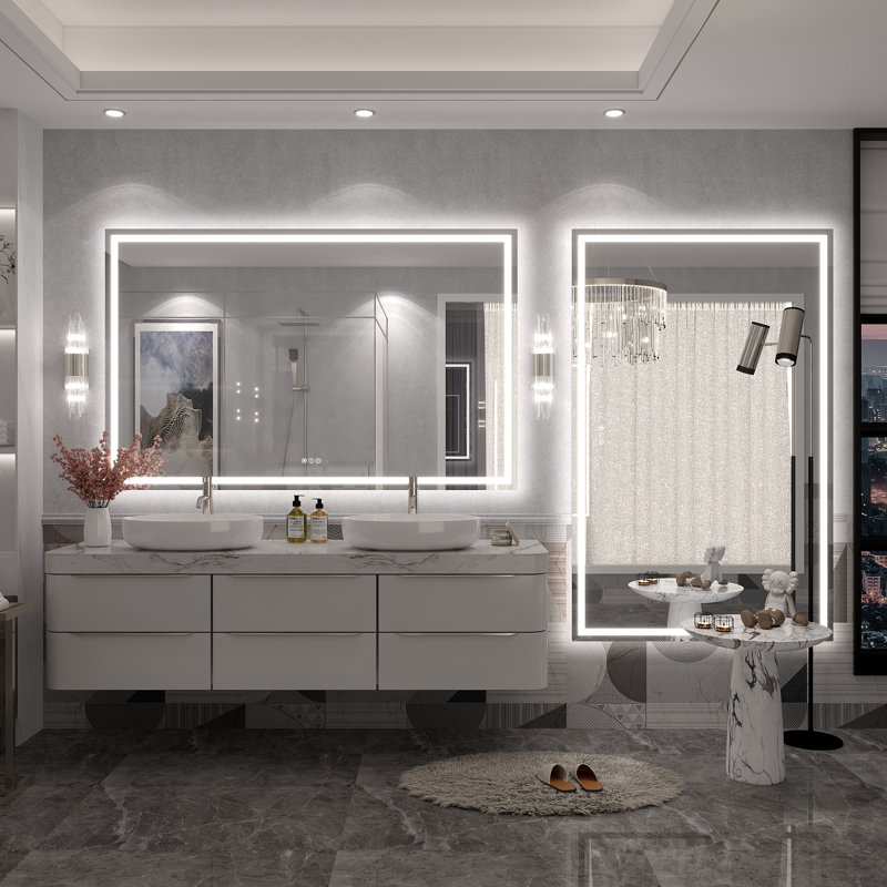 Molly Frameless LED Front Light and Backlit 3 Colors Dimmable Anti-Fog Wall Bathroom Vanity Mirror, 60" x 38", Clear