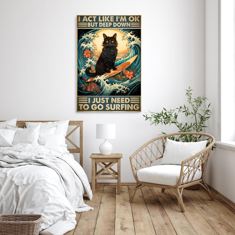 Cat I Just Need To Go Surfing - 1 Piece Rectangle Graphic Art Print On Wrapped Canvas, H 14 po x l 11 po x P 1,25 po