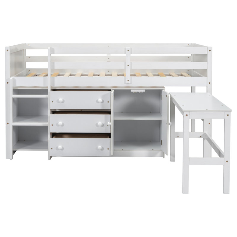 Lit mezzanine simple simple avec bureau coulissant, tiroirs, armoire et tablettes de couleur, Blanc