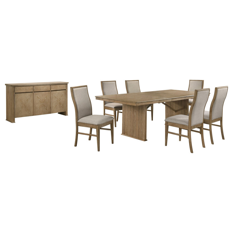 Ensemble de salle à manger 8 pièces Adina brun clair patiné, 8 pièces: table, 6 chaises, buffet