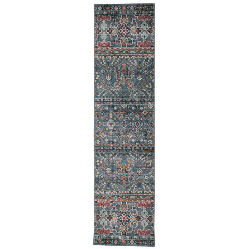 Aspers Machine Washable Teal and Ivory Area Rug, Runner 2' x 8'