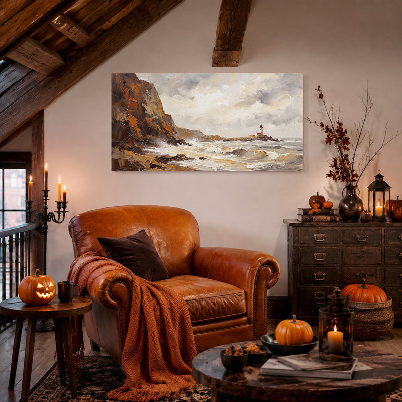 Art mural sur toile, "Phare et falaises", 46“W x 24”H
