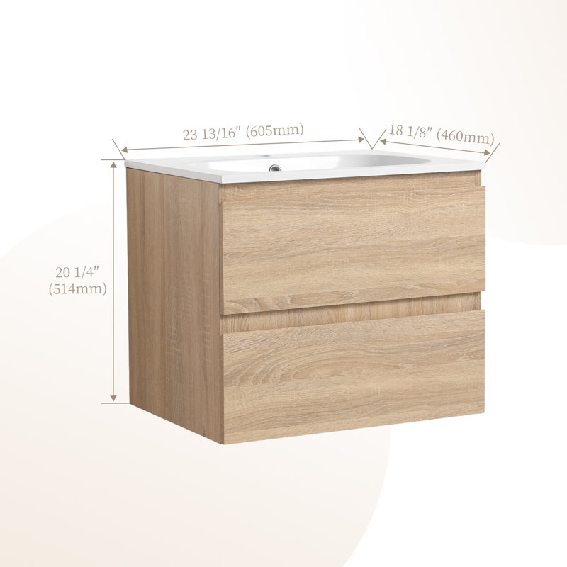 Meuble-lavabo simple mural 24 po avec plateau en céramique Jahlyn, Chêne clair