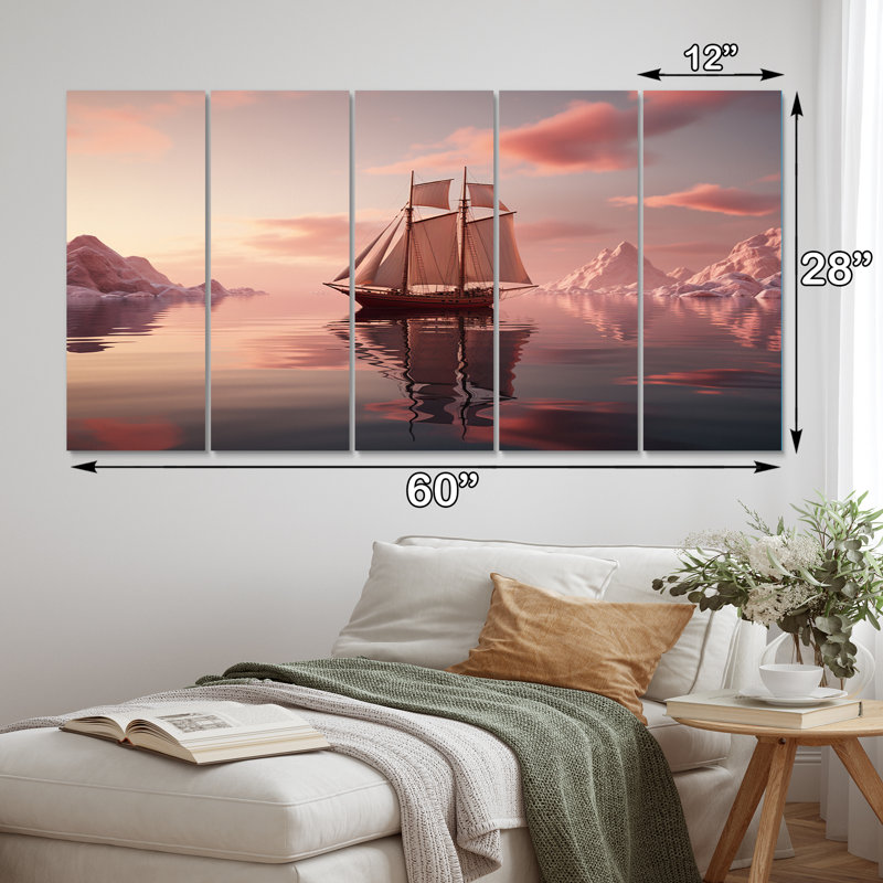 Voilier rose, nuage rose, coucher de soleil, bateau, art mural, salon, 5 panneaux égaux