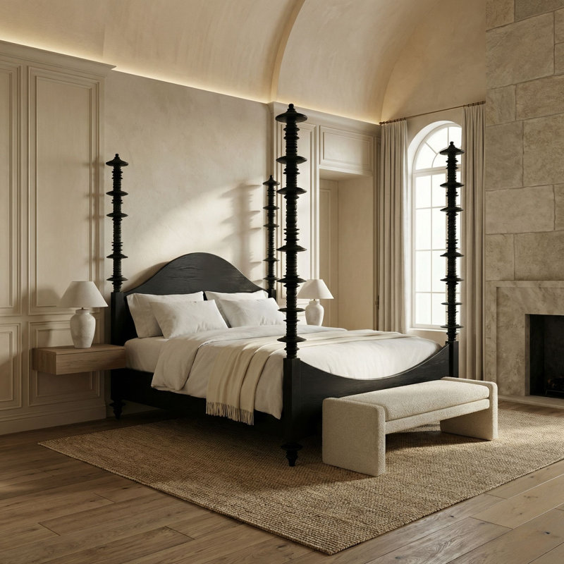 Ferret Solid Wood Four Poster Bed, Hand Rubbed Black, Queen