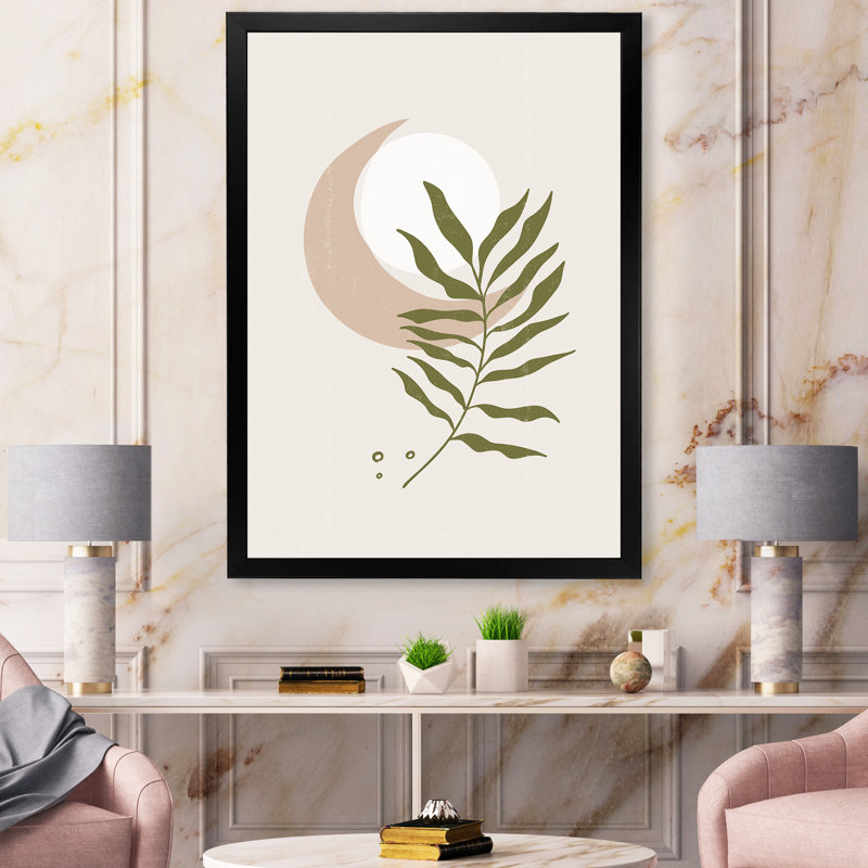 Lune géométrique abstraite avec feuille II - impression sur toile, H 20 po x l 12 po x P 1,5 po, Toile avec cadre noir