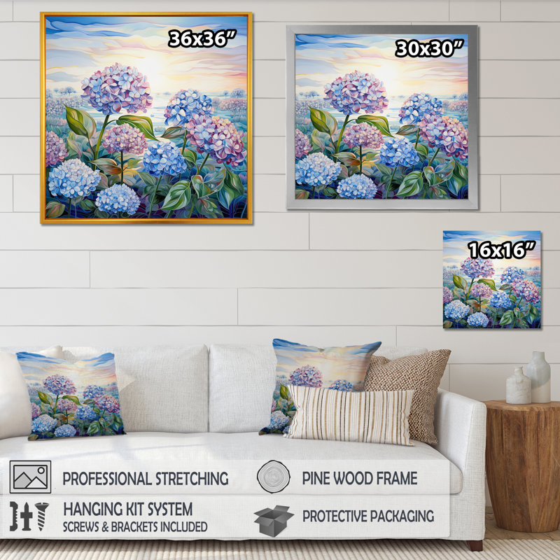 Hydrangée mauve par The Late I sur toile, H 16 po x l 16 po x P 1 po, Cadre flottant doré