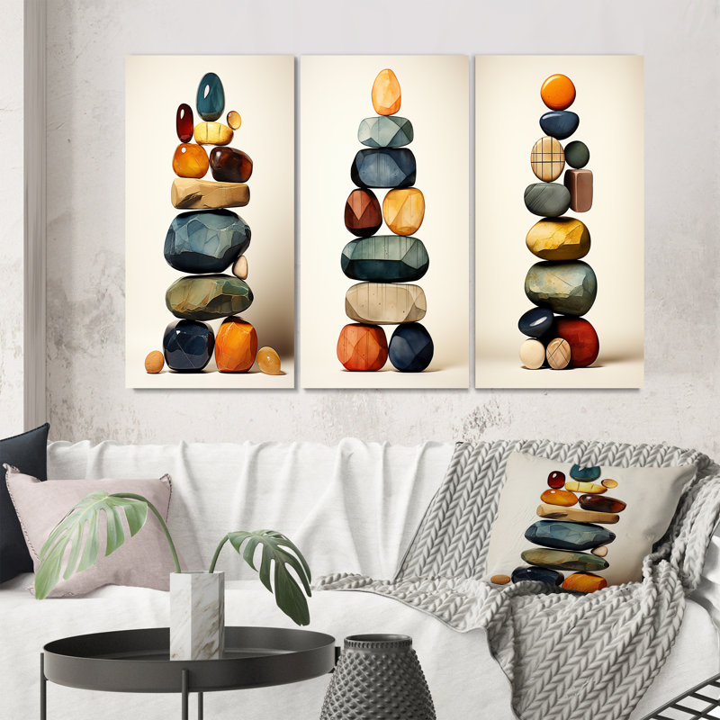 «Finding Balance Rock Balancing Cairn Sculpture I», ensemble de 3 pièces d'art spirituel en pierre, Toile tendue